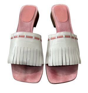Unisa White Fringed Leather Slide Sandals w Pink Trim US 10 Coastal Cowgirl